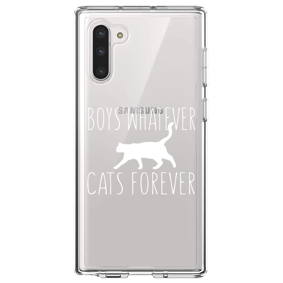DistinctInk Clear Shockproof Hybrid Case for Samsung Galaxy Note 10 (6.3" Screen) - TPU Bumper Acrylic Back Tempered Glass Screen Protector - Boys Whatever, Cats Forever