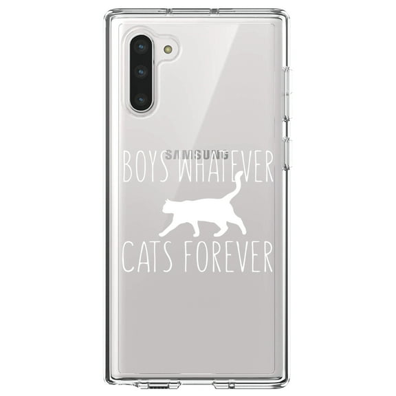 DistinctInk Clear Shockproof Hybrid Case for Samsung Galaxy Note 10 (6.3" Screen) - TPU Bumper Acrylic Back Tempered Glass Screen Protector - Boys Whatever, Cats Forever