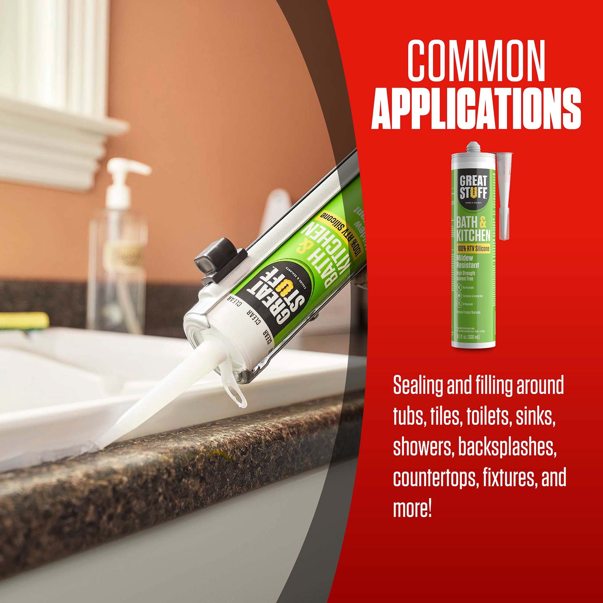 Great Stuff 100% Silicone Caulk - White RTV Silicone Sealant for Bathroom and Kitchen, Shower, Tub, Bathtub, Countertop, Backsplash, Sink Caulking 10.1 oz
