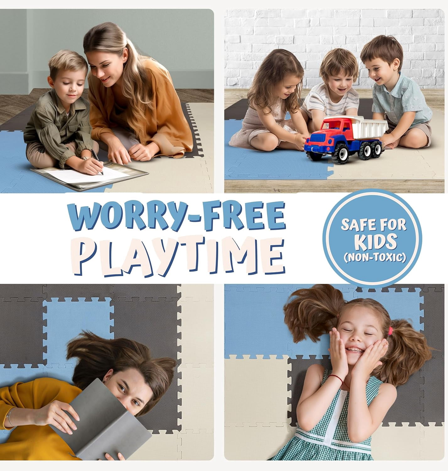 ToyVelt Foam Puzzle Floor Mat for Kids – 32 TilesMultiColor Interlocking Play Mat (Blue Brown Beige)