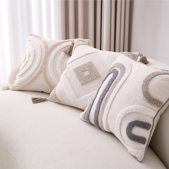 Taosunzt Boho Throw Pillow with Braided Rope Pattern And Tassels Soft Cotton Linen Textured Cushion for Sofa Bed Office Style E 45x45cm