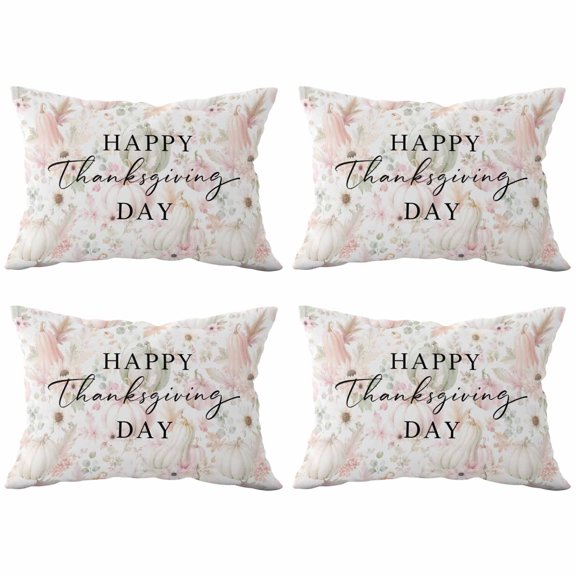 Set of 4 Happy Thanksgiving Day Pillow Covers 12x20 Inch, Rustic Minimalist Pink Green Pumpkin Leaf Decorative Throw Pillow Cases Cotton Cushion Covers for Sofa Couch Bed Living Room Bedroom Decor