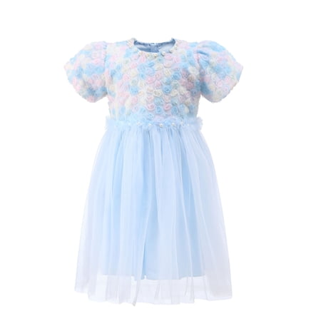 Gunia Flower Little Girl Dresses For Wedding Summer Sleeve Floral Embroidery Party Gown Toddler Baby Occasion Formal Blue Dress For Girls 3-8 Years