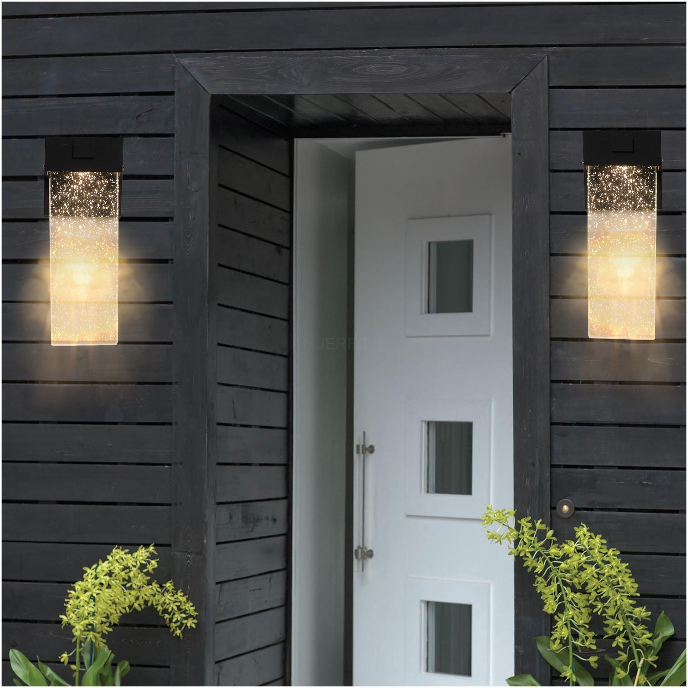 JERFIT Modern Outdoor Wall Lantern with Crystal Glass, 2-Pack Black LED Sconce Light with Dusk to Dawn Sensor, Waterproof for Porch Garage Entryway