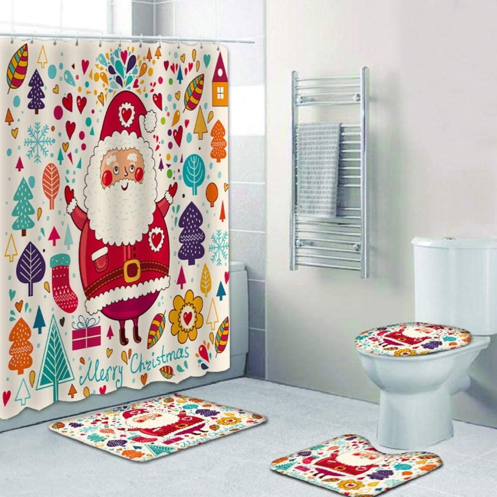 Santa Claus Snowman Christmas Gift Shower Curtain Bathroom Rug Toilet Decorative
