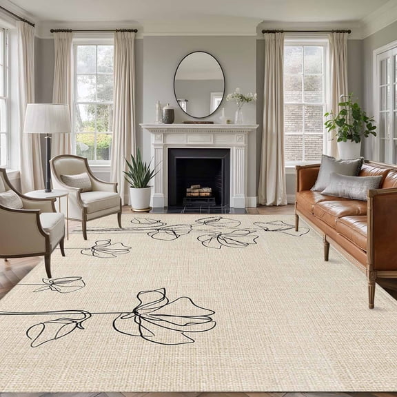 Area Rug for Living Room, Retro Beige Flowers Non-Slip Indoor Large Carpet for Bedroom/Dining Room, Rustic Abstract Floral Simple Art Washable Low-Profile Rectangle Floor Runner Rugs - 5 x 7 Ft