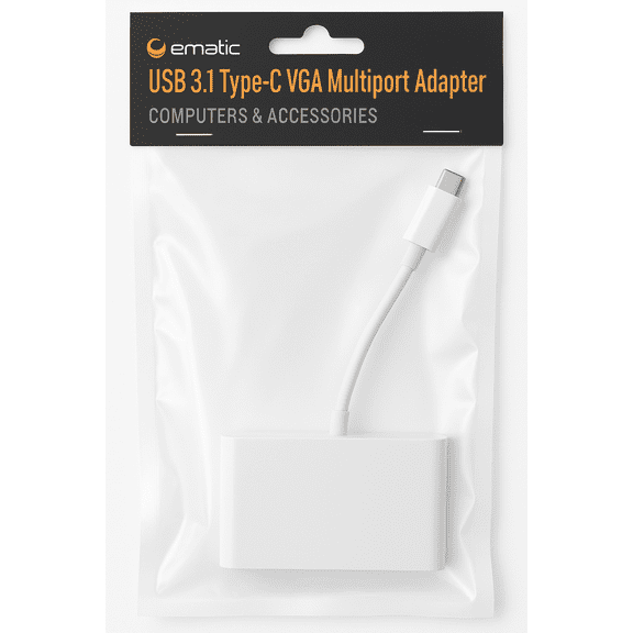 Ematic EUSVG302 USB 3.1 Type-C VGA Multiport Adapter (Whtie) - New