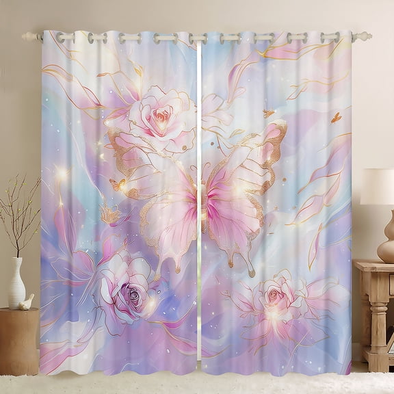 Castle Fairy Pink Golden Butterfly Black Out Curtains for Teens Women Men,Abstract Gradient Curtains Pack Of 2 (42X63 Each),Floral Rose Bedroom Curtains,Breathable Home Decor