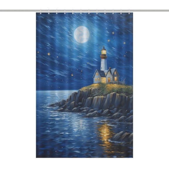 Lighthouse Sunrise Coast Scenery Pale Blue Tan Shower Curtain Fabric Bathroom Decor with Hooks