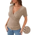 thumbnail image 2 of MOYIKO Wrap Tee Shirt for Women V Neck Ribbed Tops Lightweight Stretch Slim Fit Side Button Blouse Light Coffee T-Shirt XS, 2 of 7