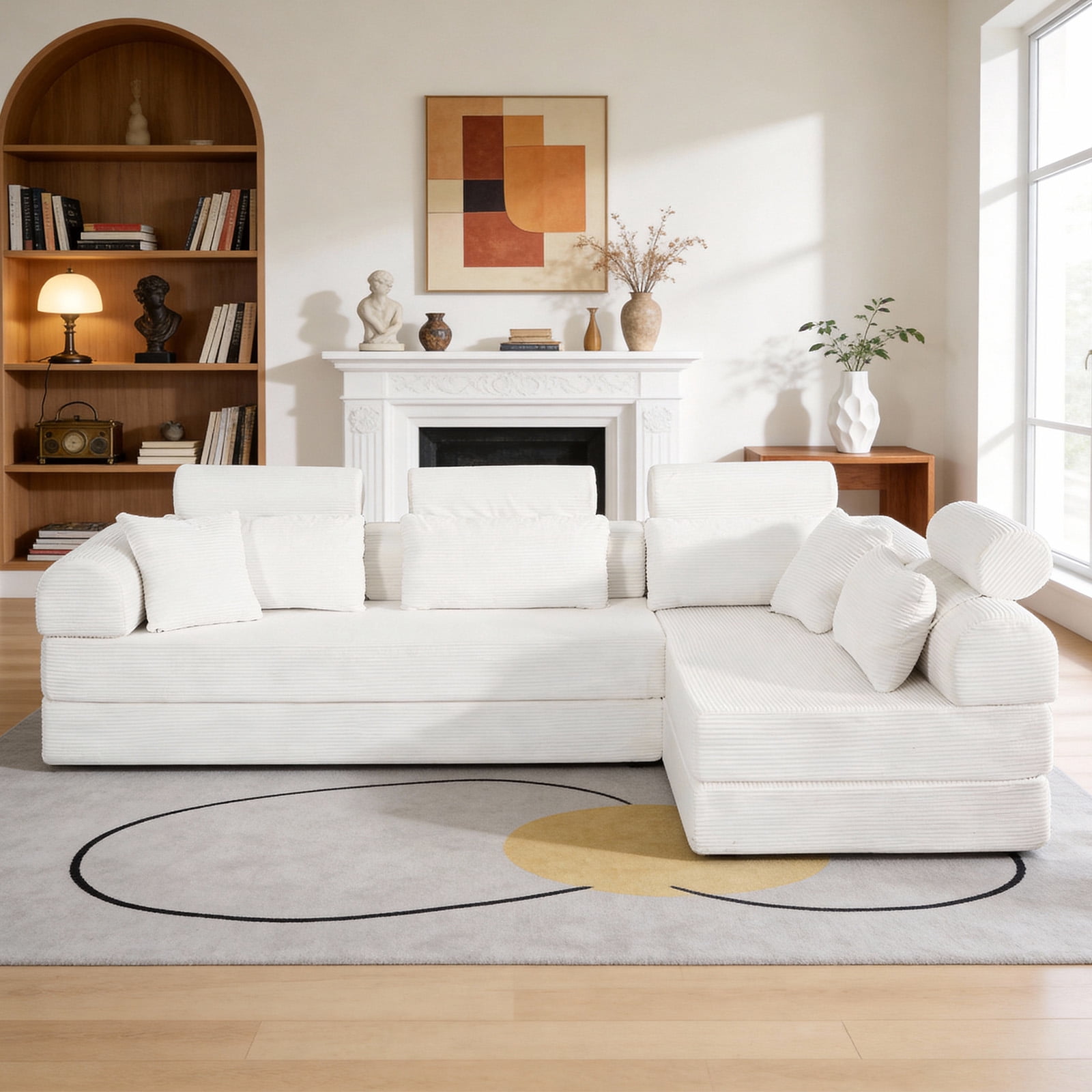 L-Shaped Sectional Sofa Converts to Bed, Corduroy Chaise Lounge with 28D High-Density Foam, No Assembly Compressed Couch for Apartments and Studios, Beige