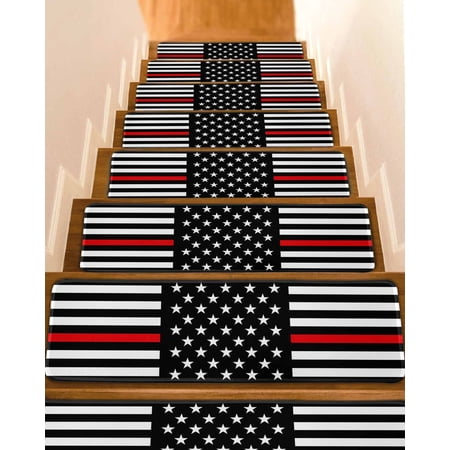 Red American Flag Stair Treads for Wooden Steps Indoor Runner Rug Carpet Black White Striped US Flag Stars 7 Pieces Peel and Stick Staircase Step Treads Covers Washable Throw Door Mats 30 x8