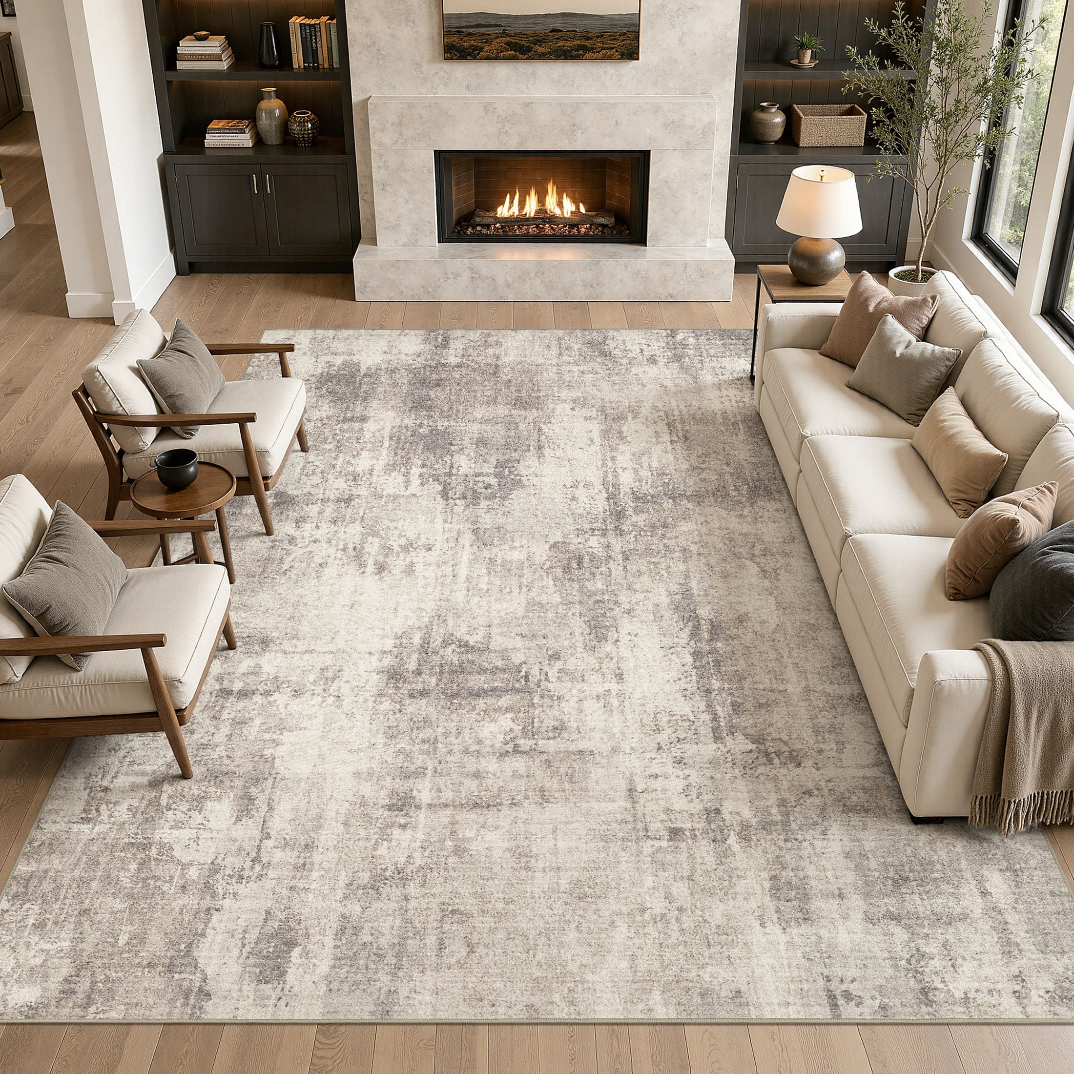 MICGEEK 8'x10' Abstract Area Rugs for Living Room, Stain Resistant Washable Rugs with Non-Slip Backing, Modern Carpet for Bedroom Dining Room Office Throw Rugs, Brown