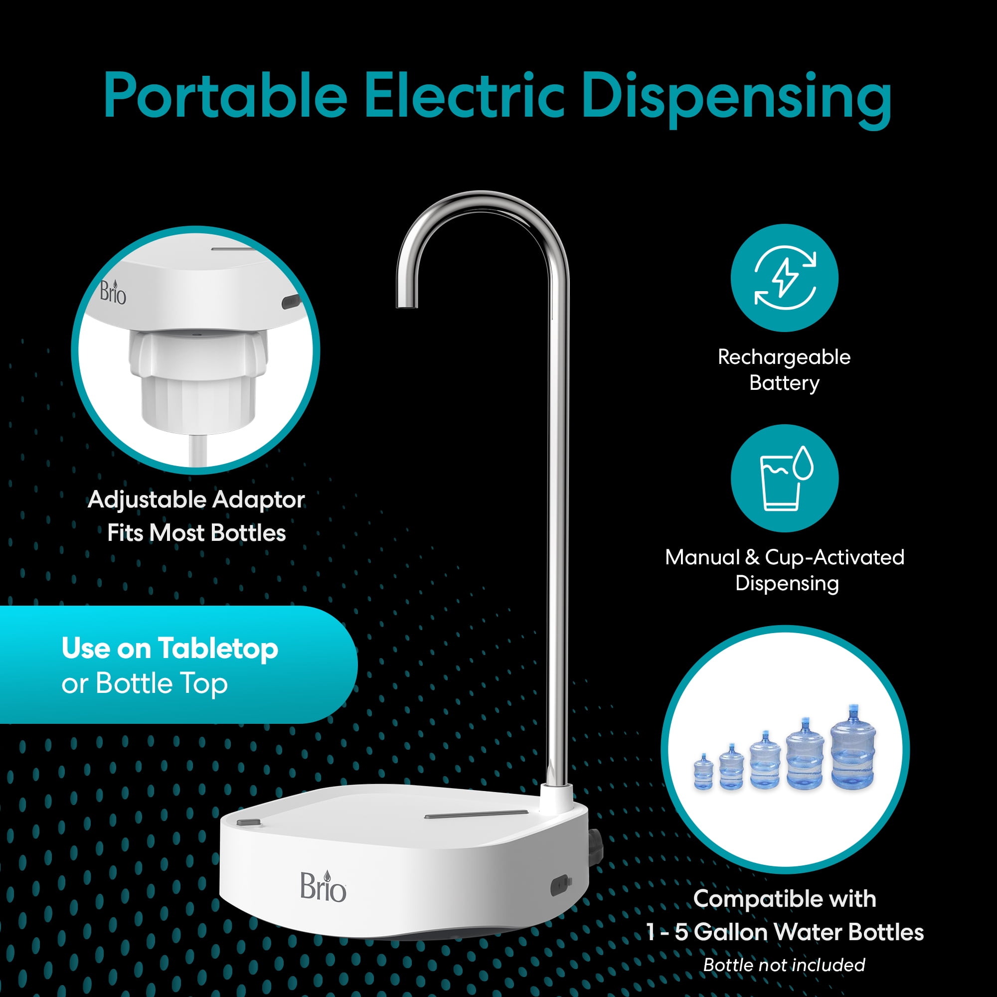 Brio Portable USB Rechargeable Electric Water Dispenser Pump for Countertops & Bottles