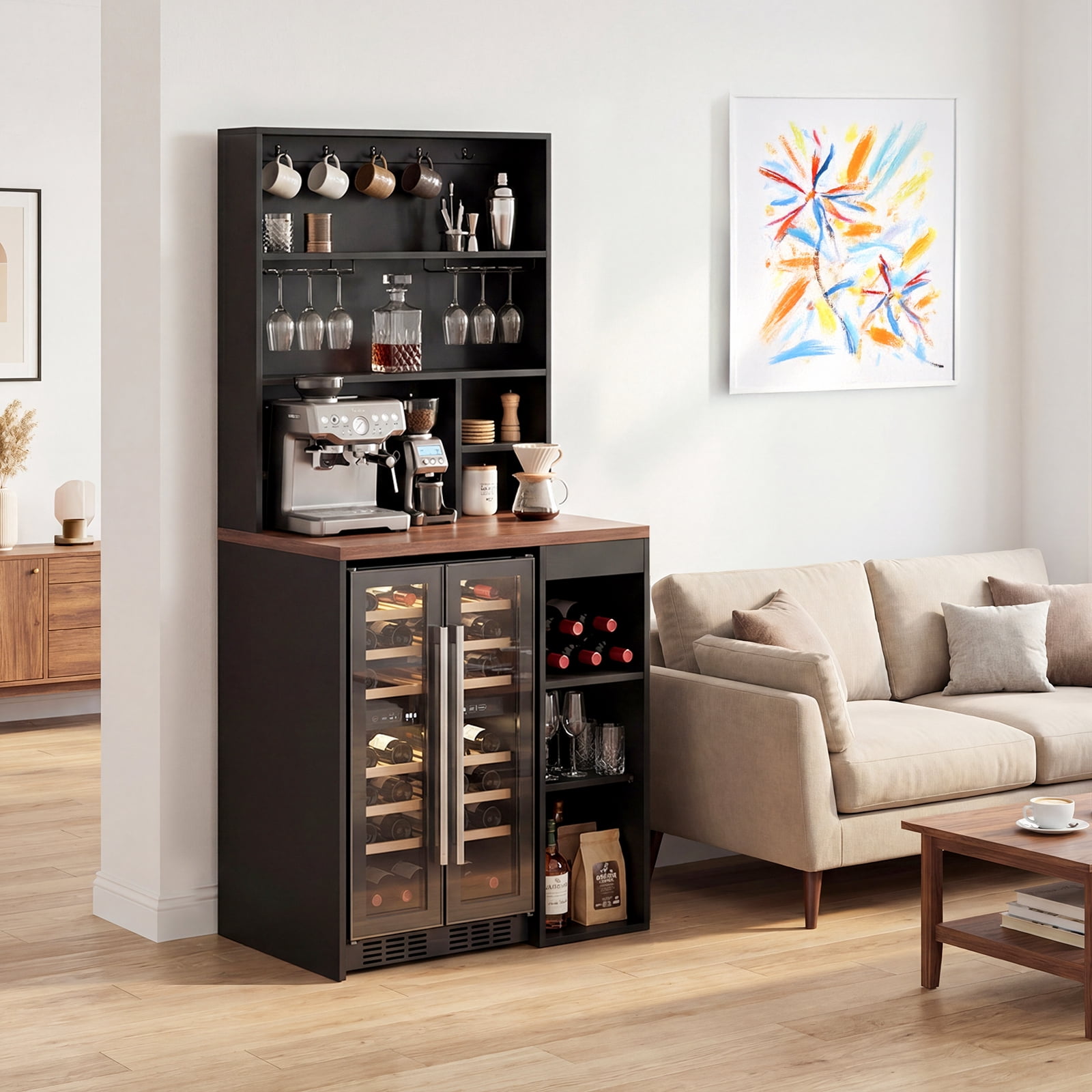 Advwin Coffee Bar Cabinet with Mini Fridge Space, 74" Tall Kitchen Storage Cabinet with Mug Hooks & Glass Holders, Mini Fridge Stand for Dorm, Kitchen, Office, Apartment, Home Bar, Black+Walnut