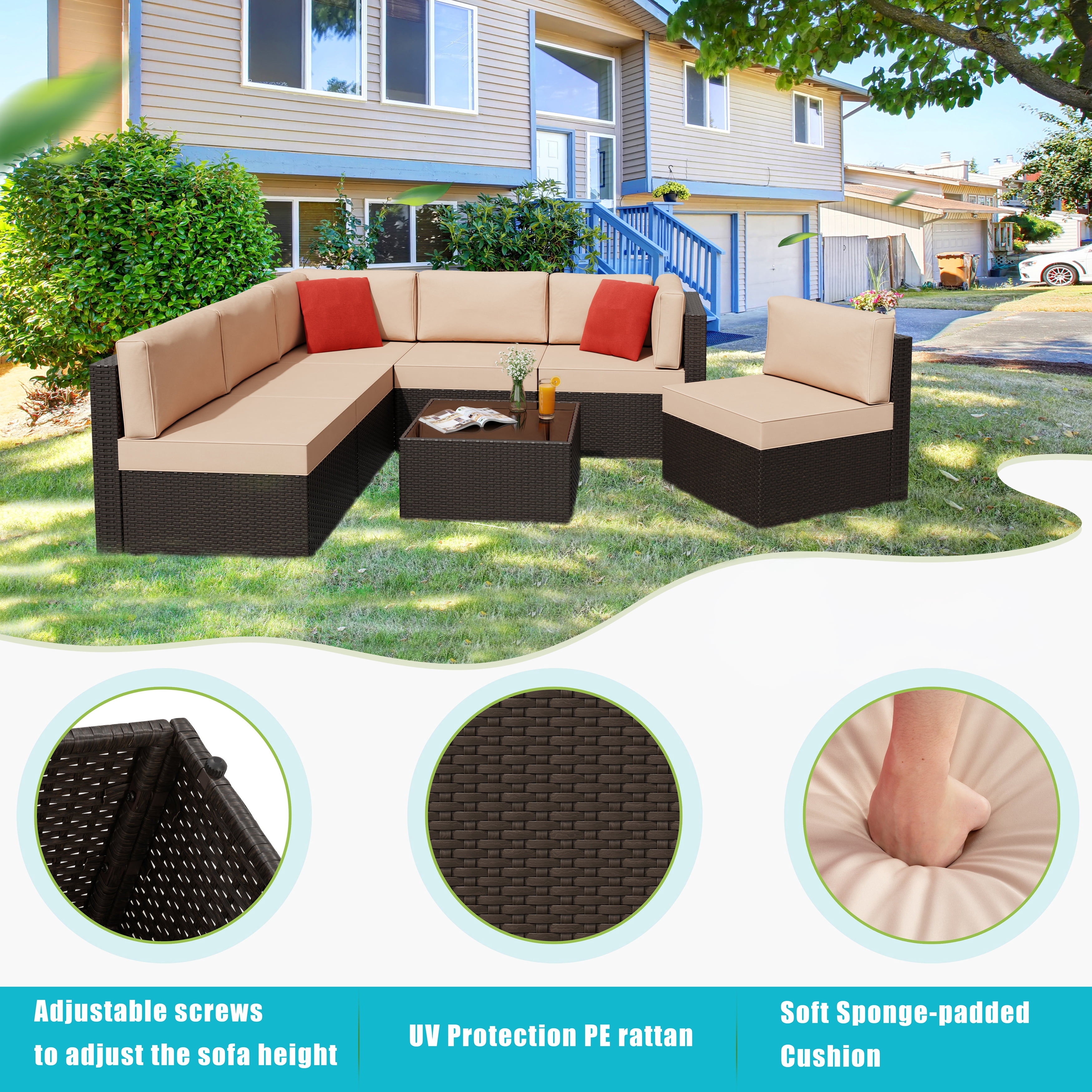 Patio Furniture Set, Walsunny 7 Piece All Weather Outdoor Sectional Sofa, Wicker Patio Conversation Set with Cushions and Tempered Glass Table for Backyard Porch, Khaki
