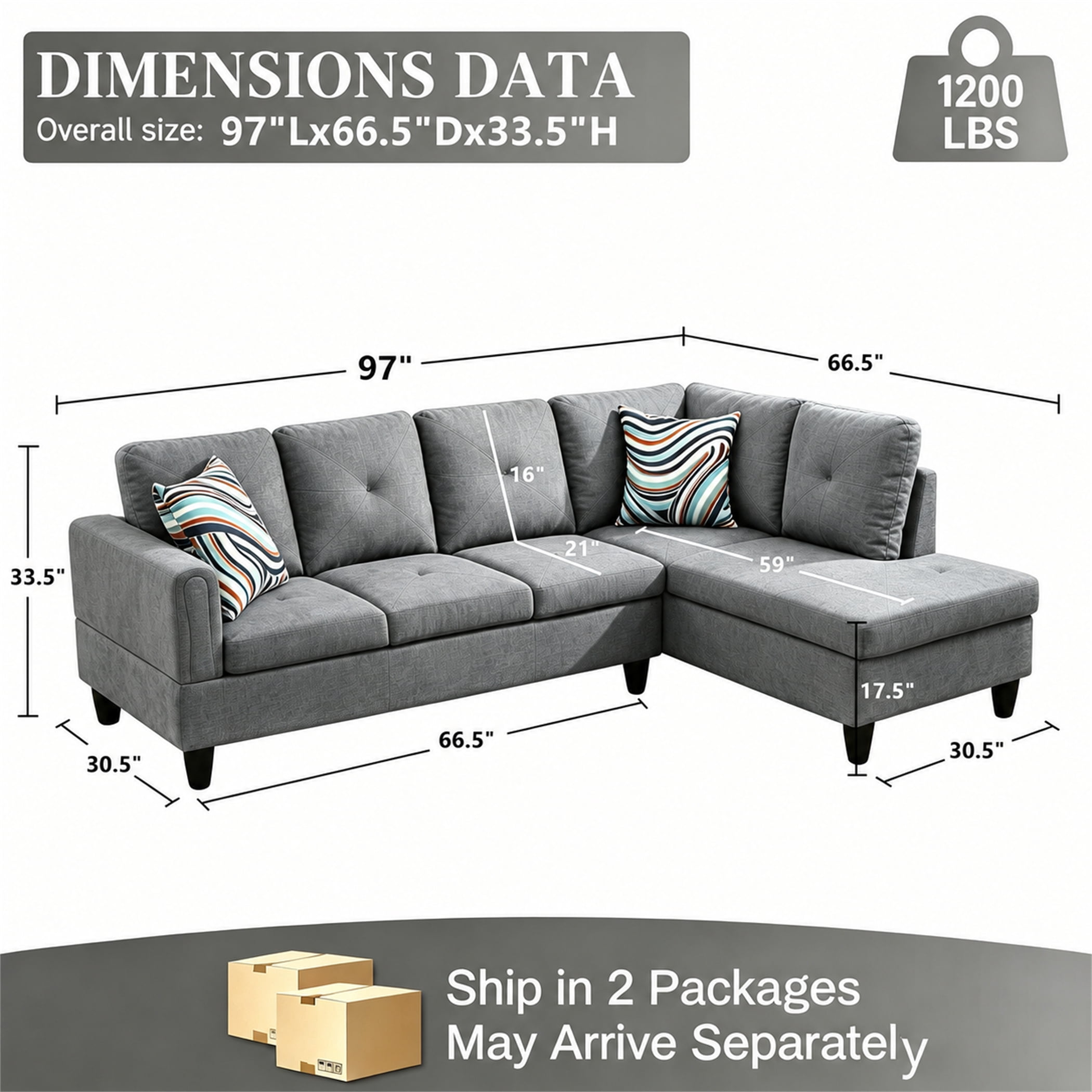 Aukfa 97" Classic Sectional Sofa 4 Seat L shape Couch with Oversized Right Chaise for Living Room, 2Pillows, Linen, Gray