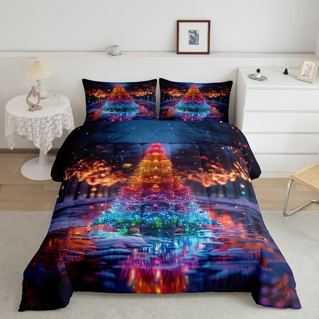 YST Christmas Tree Comforter Set Toddler Colorful Xmas Tree Bedding Room Home Decor,Neon Light Winter Bedding Comforter Sets Merry Christmas Duvet Insert,Soft Lightweight