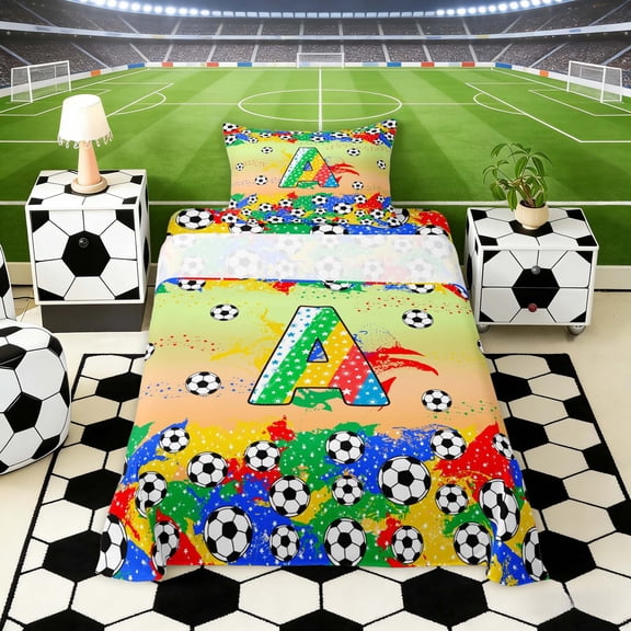 Erosebridal Letter A Orange Gradient Soccer Ball Print Twin Sheet Sets, Sports Monogram Bedding for Kids Boys and Girls, 1 Flat Sheet, 1 Fitted Sheet and 1 Pillowcase