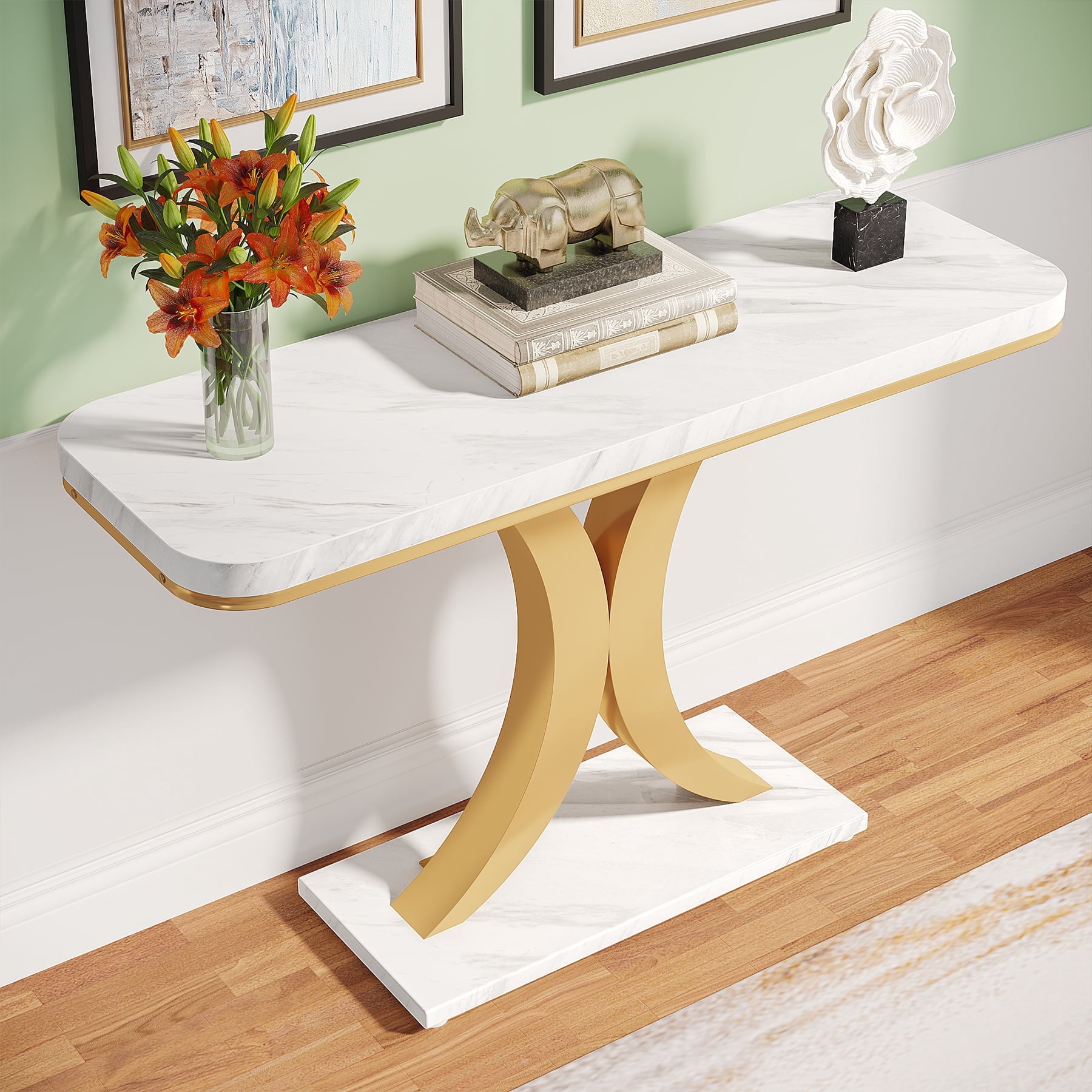Tribesigns Modern Narrow Entryway Console Table, 40 inch Small Entryway Table with Geometric Metal Base for Living Room, Hallway and Foyer,White & Gold