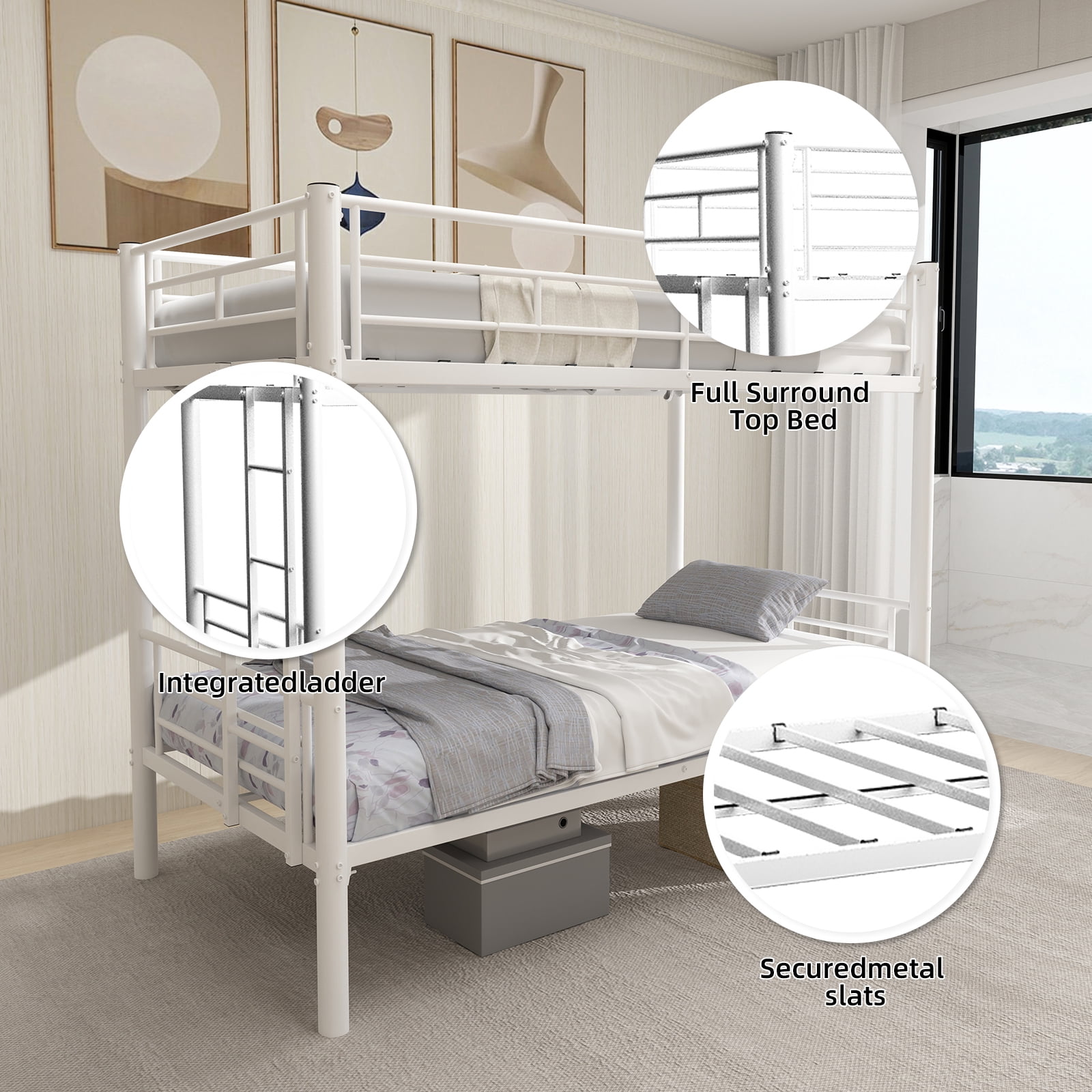 Alvantor Twin over Twin Bunk Beds Convertible 2 Beds Metal Heavy-duty Bed Frame for Kids Teens with Ladders & Guardrail White