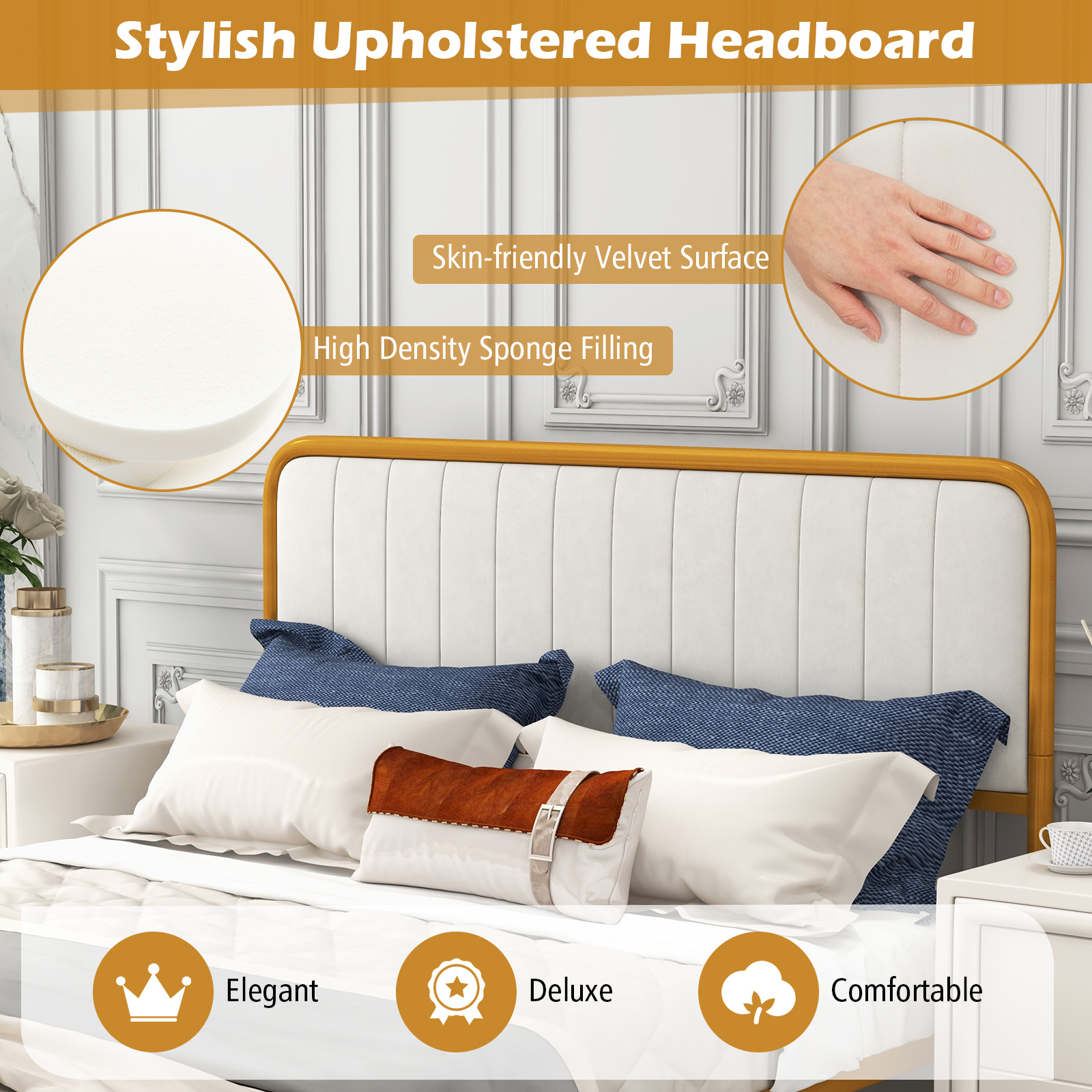 Infans Queen Gold Metal Bed Frame Upholstered Platform Bed with Velvet Headboard