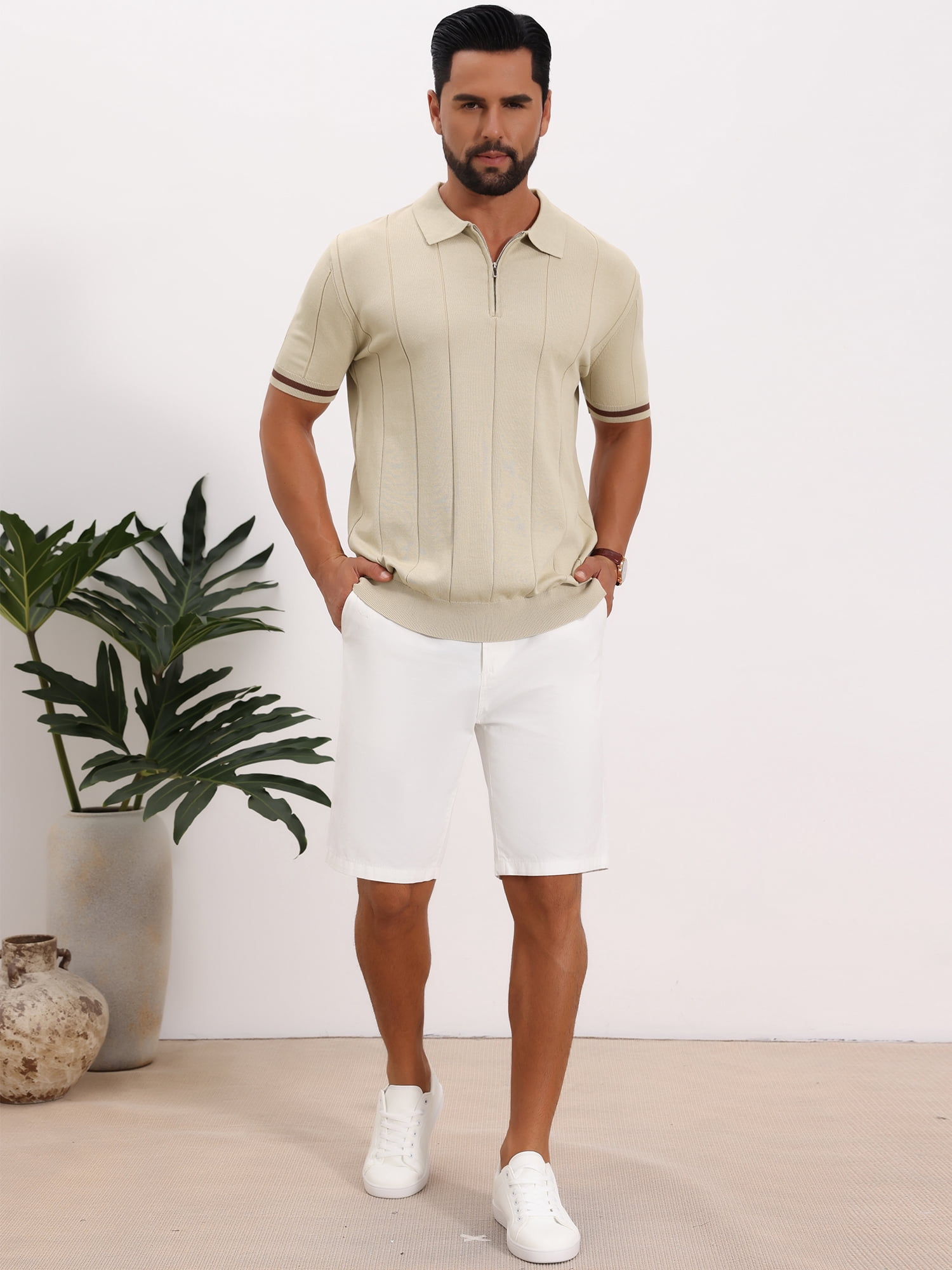 DARING DIVA Men's Textured Zip Up Ribbed Hem Short Sleeve Golf Polo Shirts L Beige