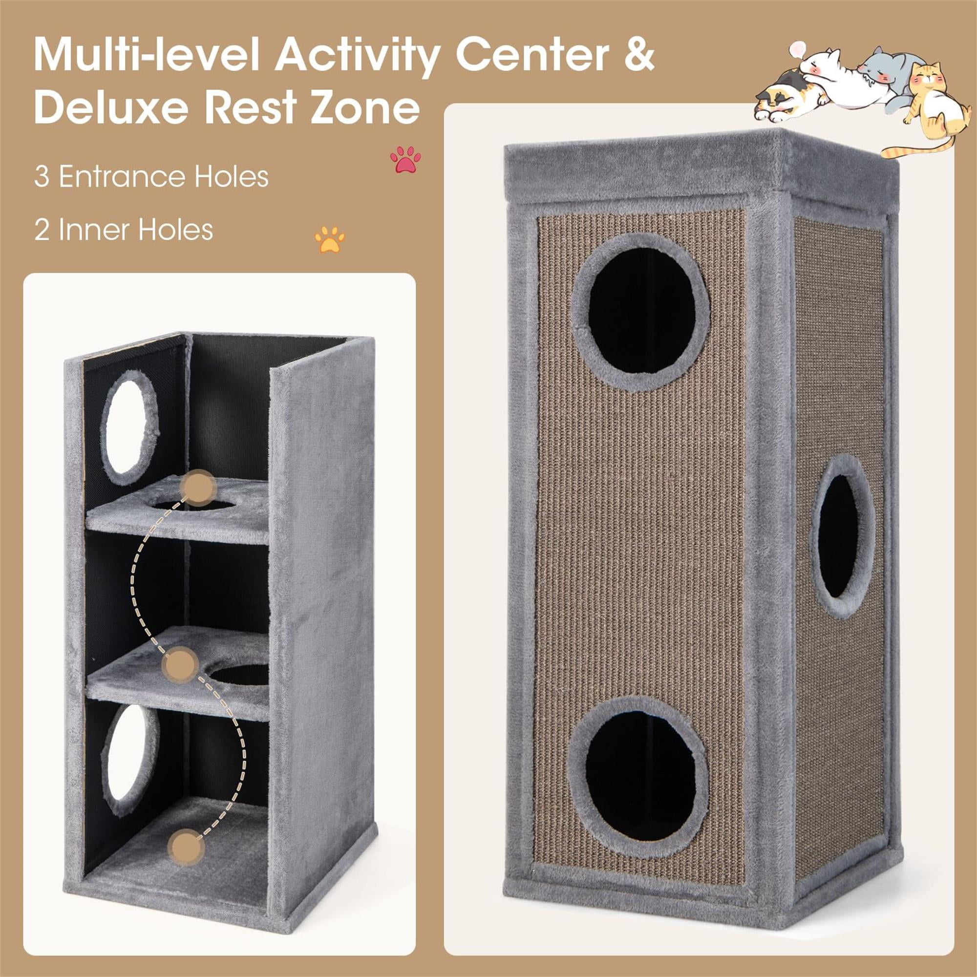 Kadyn 39" Indoor Cat Cave Bed, Cat House Scratcher Furniture, Cat Condo with Scratching Posts, 3 Hideaways, 4 Soft Plush Cushions, Gray