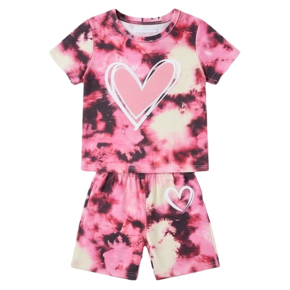 RMGVDSD Girls Clothes 2 Piece Set Summer Outfits Heart Print T-Shirt Crewneck Short Sleeve Tops And Shorts Casual Playwear For Toddler And Kids 2-3 Years