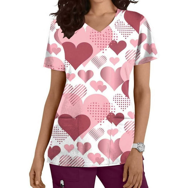 TIMIFIS Hauts de Gommage de la Saint-Valentin pour Femmes Manches Courtes Col en V Hauts Uniforme Imprimé de la Saint-Valentin Poches Blouse d'Infirmière avec Poches pring