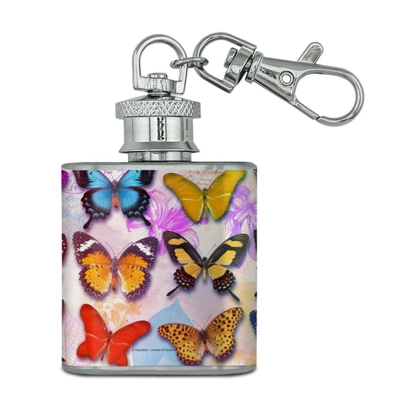 Colorful Butterflies Butterfly Design Stainless Steel 1oz Mini Flask Key Chain