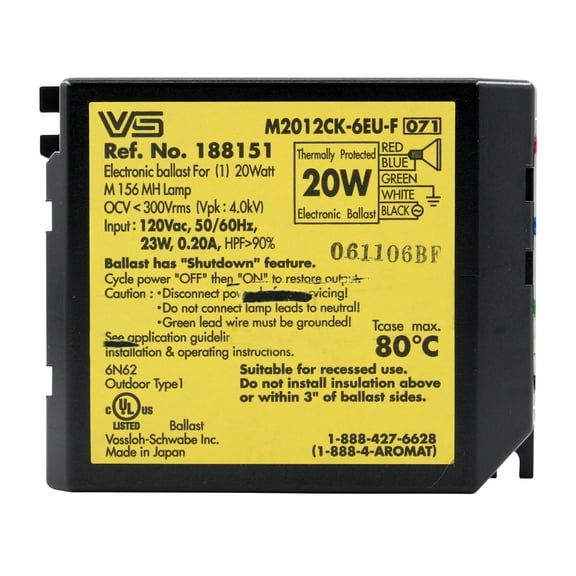 Vassloh-Shwabe M2012CK-6EU-F Electronic Metal Halide Ballast, MH 20W, 120V