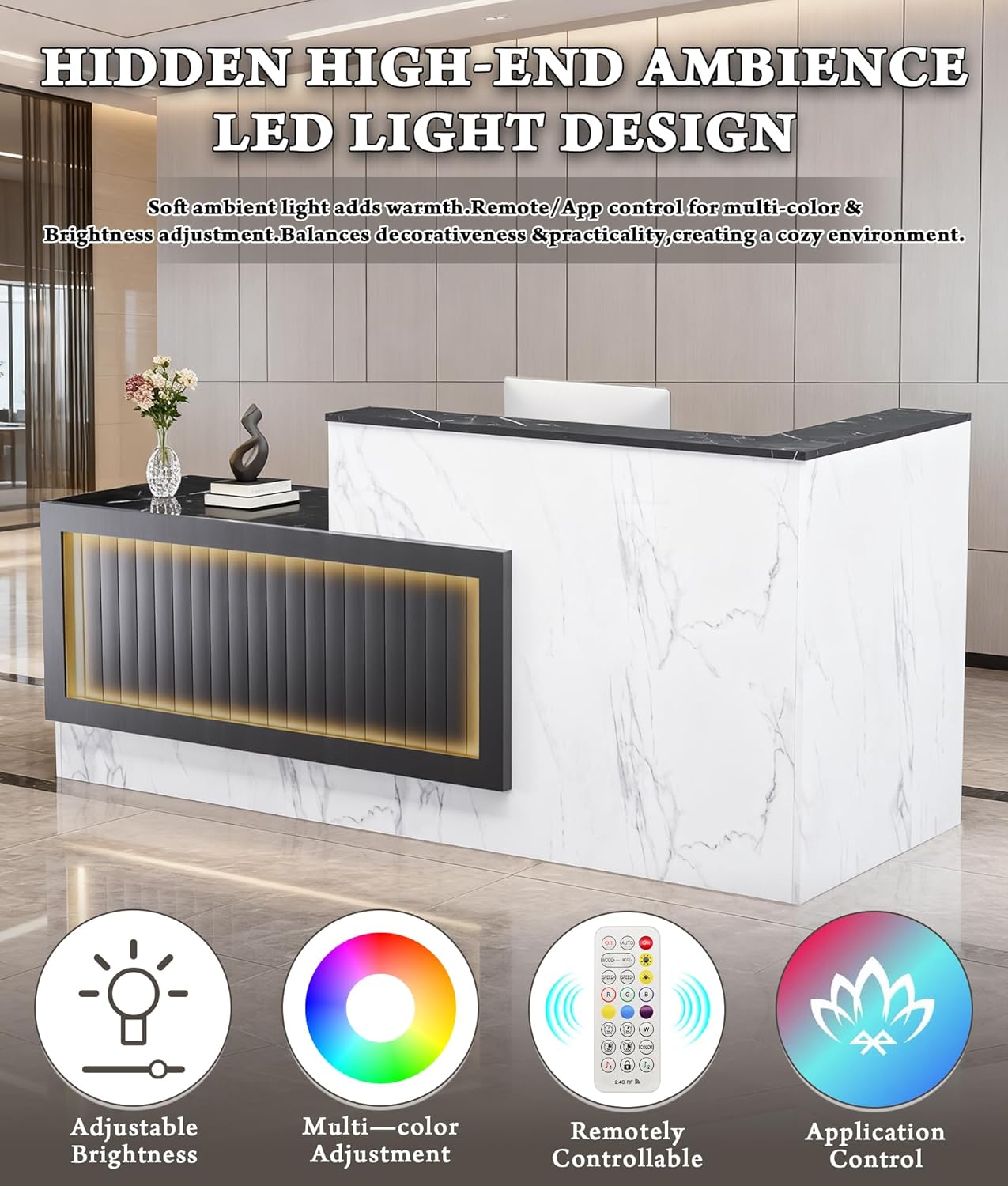 Vakiorn L Shaped Wooden Reception Desk with LED Lights 71x24x41in Lockable Drawers Storage Keyboard Tray