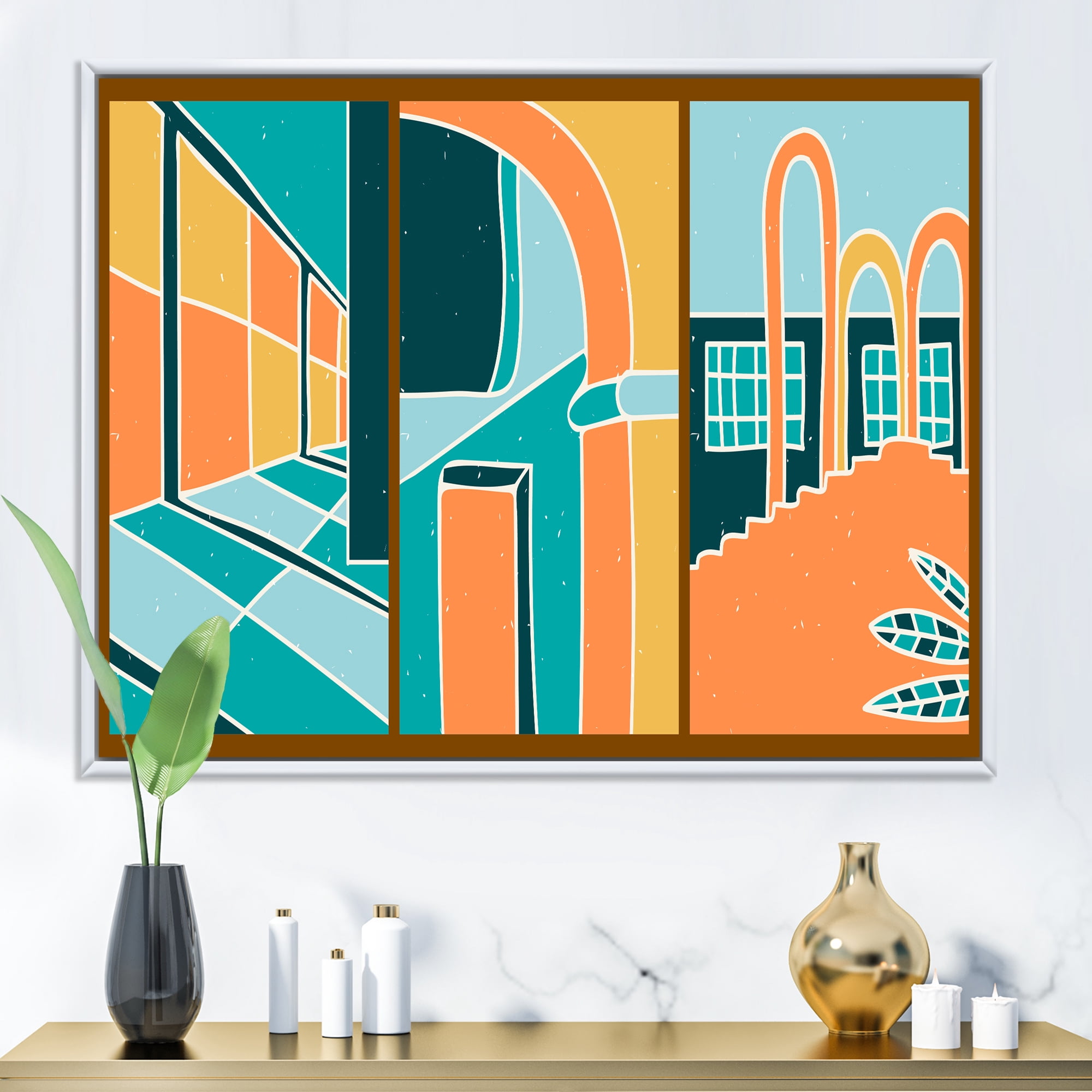 Designart 'Geometric Shapes Vintage Style Building Windows' Modern Framed Canvas Wall Art Print