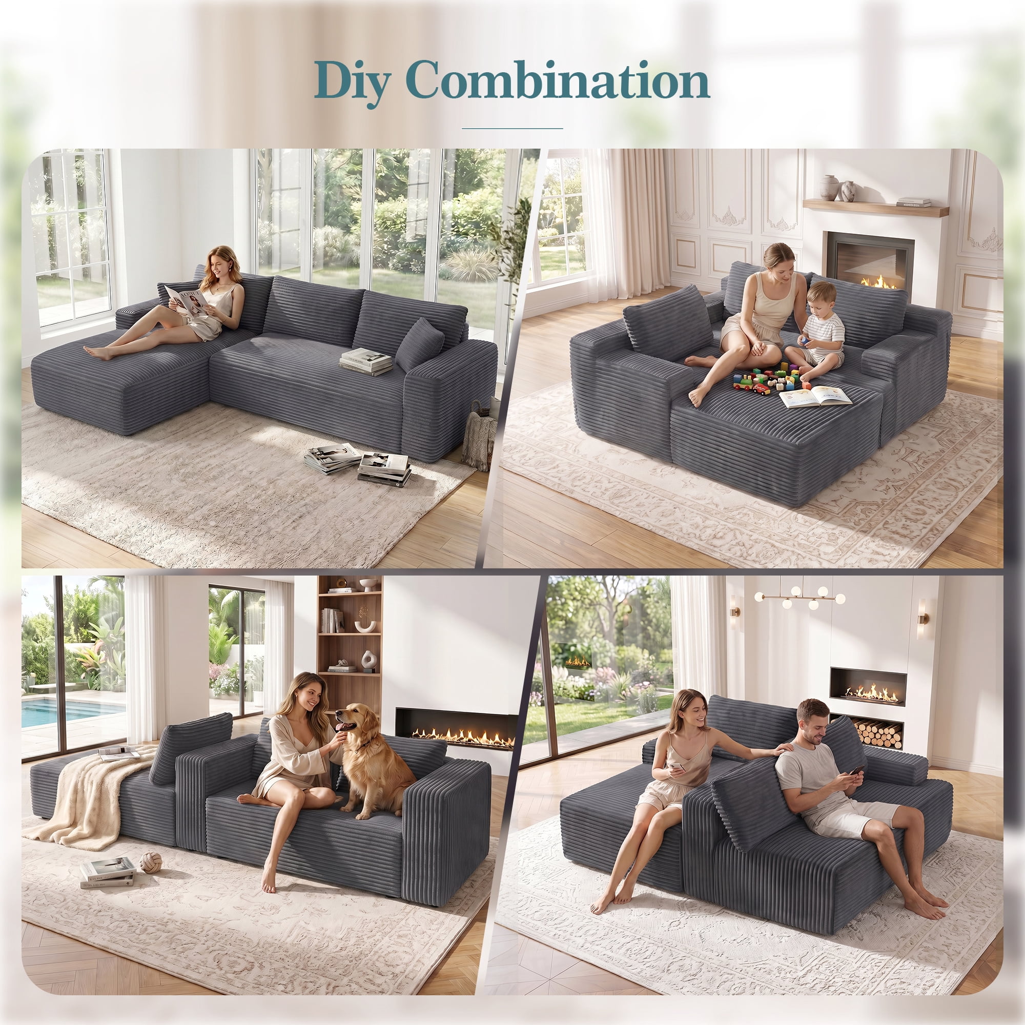 Aukfa 107" Boneless Modular Sectional Sofa, L-Shaped Corduroy Couch with Deep Seat and Left-Facing Chaise for Living Room, Gray