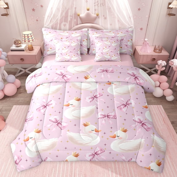Feelyou Dreamy White Swan Twin Bedding Sets 7-Piece for Kids, Kawaii Princess Bowknot Bedding Comforter Set, Cartoon Animal Reversible Sheet Sets, Super Cozy Room Decor