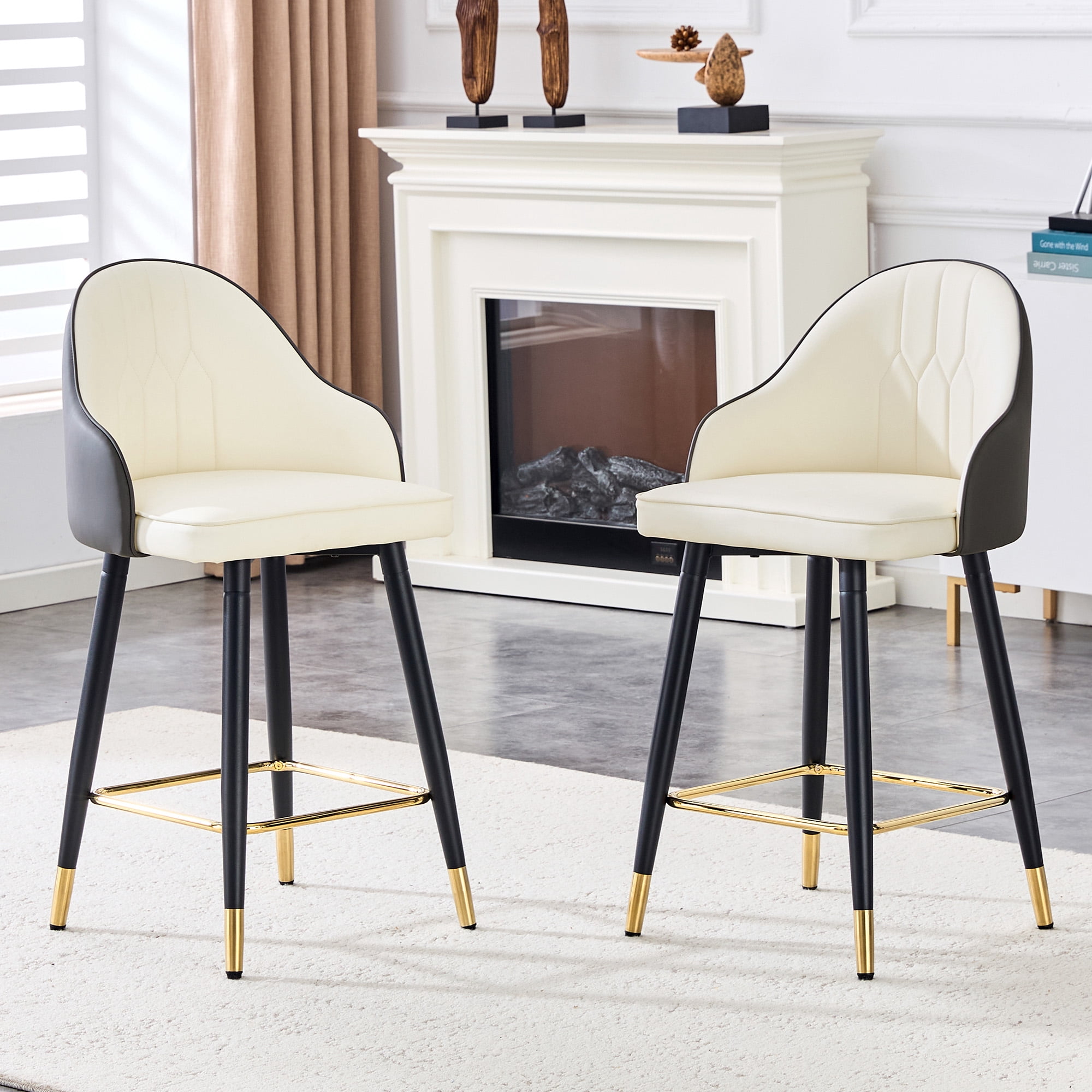 Mintazer Modern Bar Stools Set of 2, Waterproof PU Leather Bar Stool with Backrest & Gold Accent Footrest, Counter Height Bar Chairs for Kitchen Island, Black & White