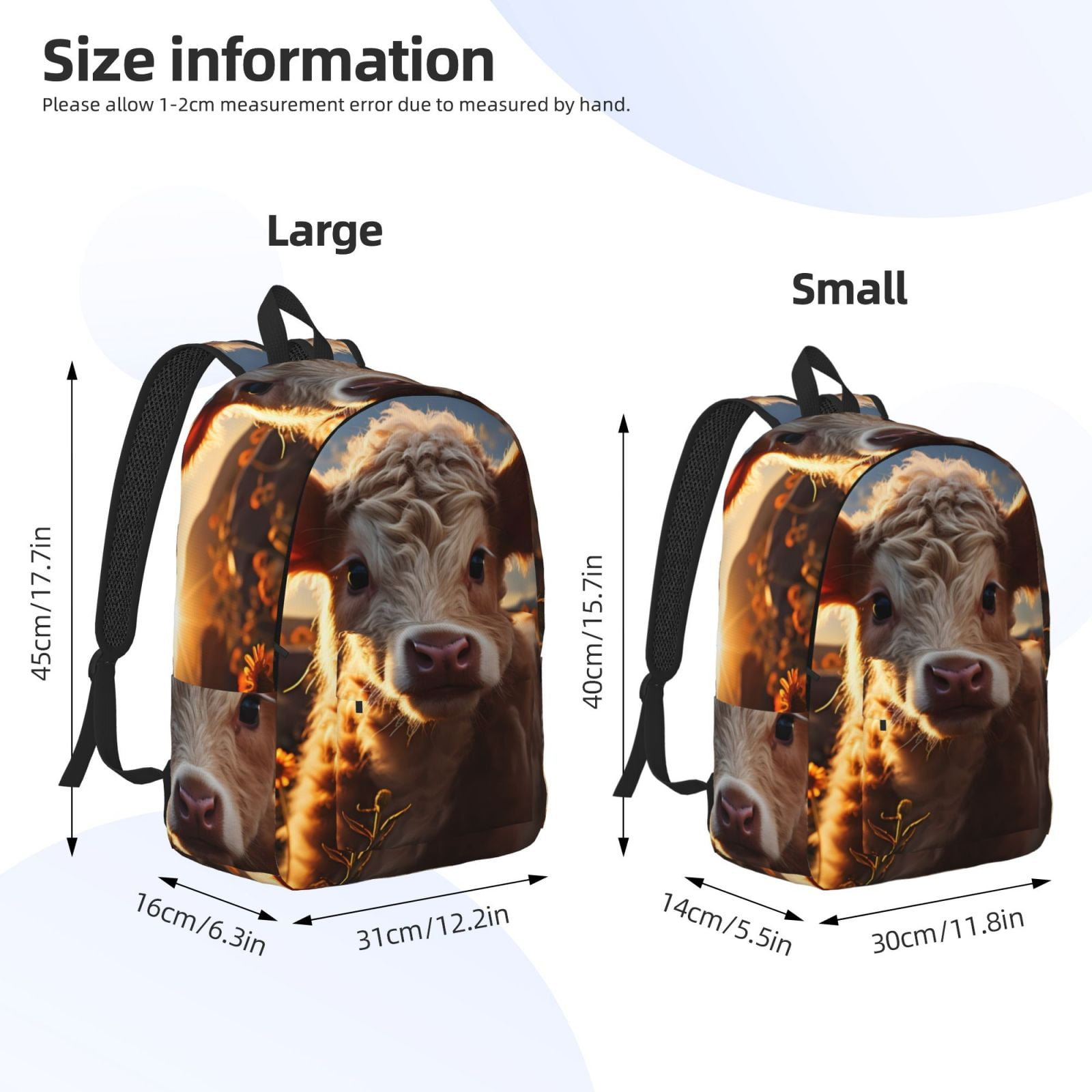 Picia Sunset Sunflower Small Cow Printed Canvas Daypack - Stylish and Durable Vintage Compact Backpack - Class, Work, Travel, or Laptop Bookbag,Organized Compartments-Medium