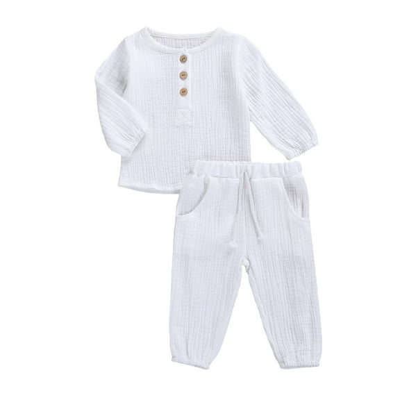Toddler Baby Boy Girl Clothes 6M 12M 18M 24M 3Y 4Y 5Y Cotton Linen Long Sleeve Button Pullover Tops Drawstring Pants Set Casua