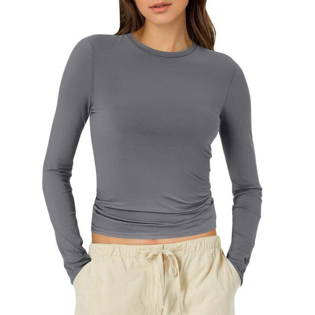 T-Shirts pour Femmes 2025, T-Shirts Femmes, Chandails de Compression à Manches Longues pour Femmes Col Rond Crop Top Tee Grande Taille Col Roulé pour Femmes à Manches Longues Basique Uni Ajusté