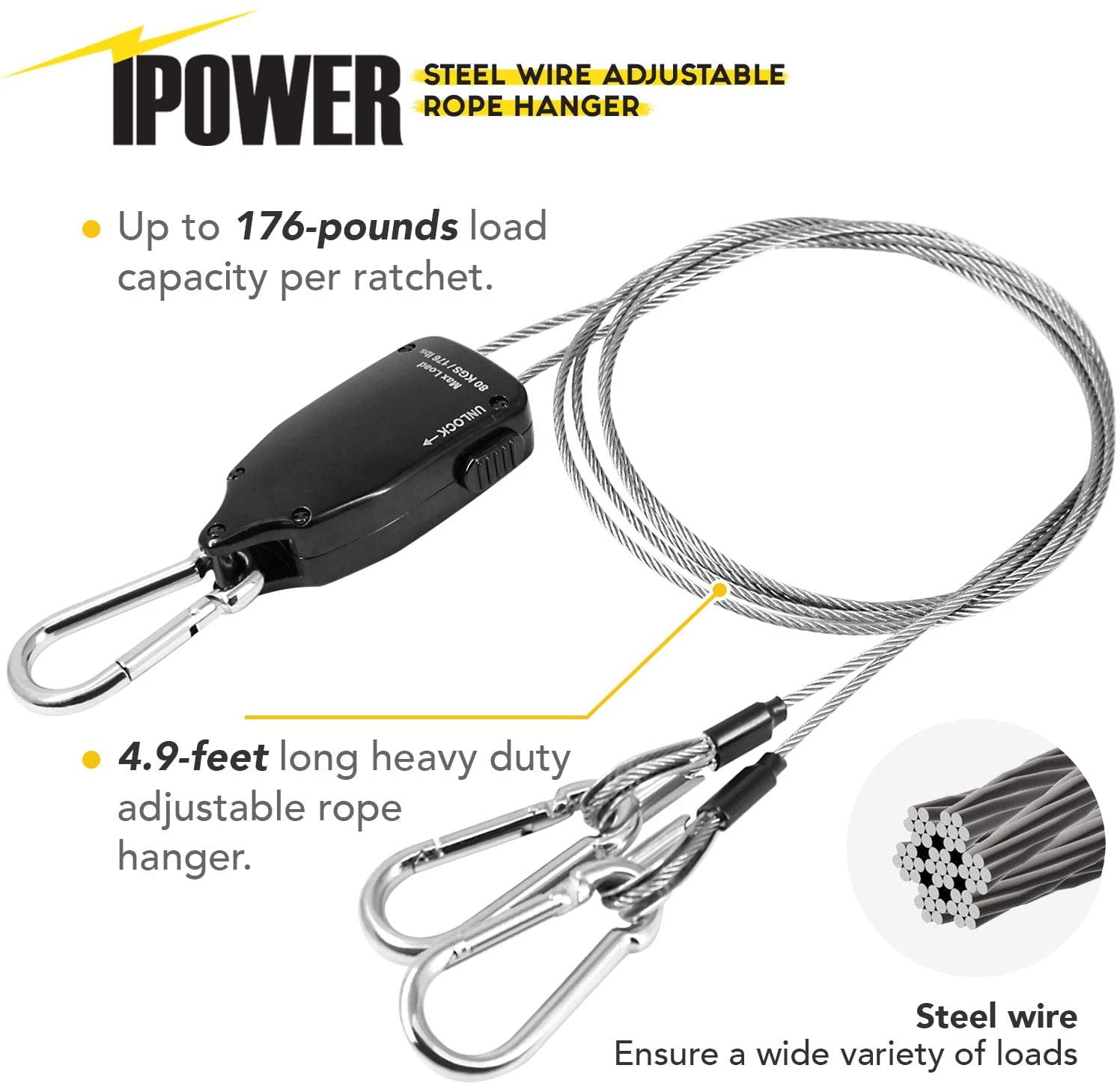 iPower 4.9-Ft Steel Wire Heavy Duty Adjustable Grow Light Rope Clip Hange 176lbs 