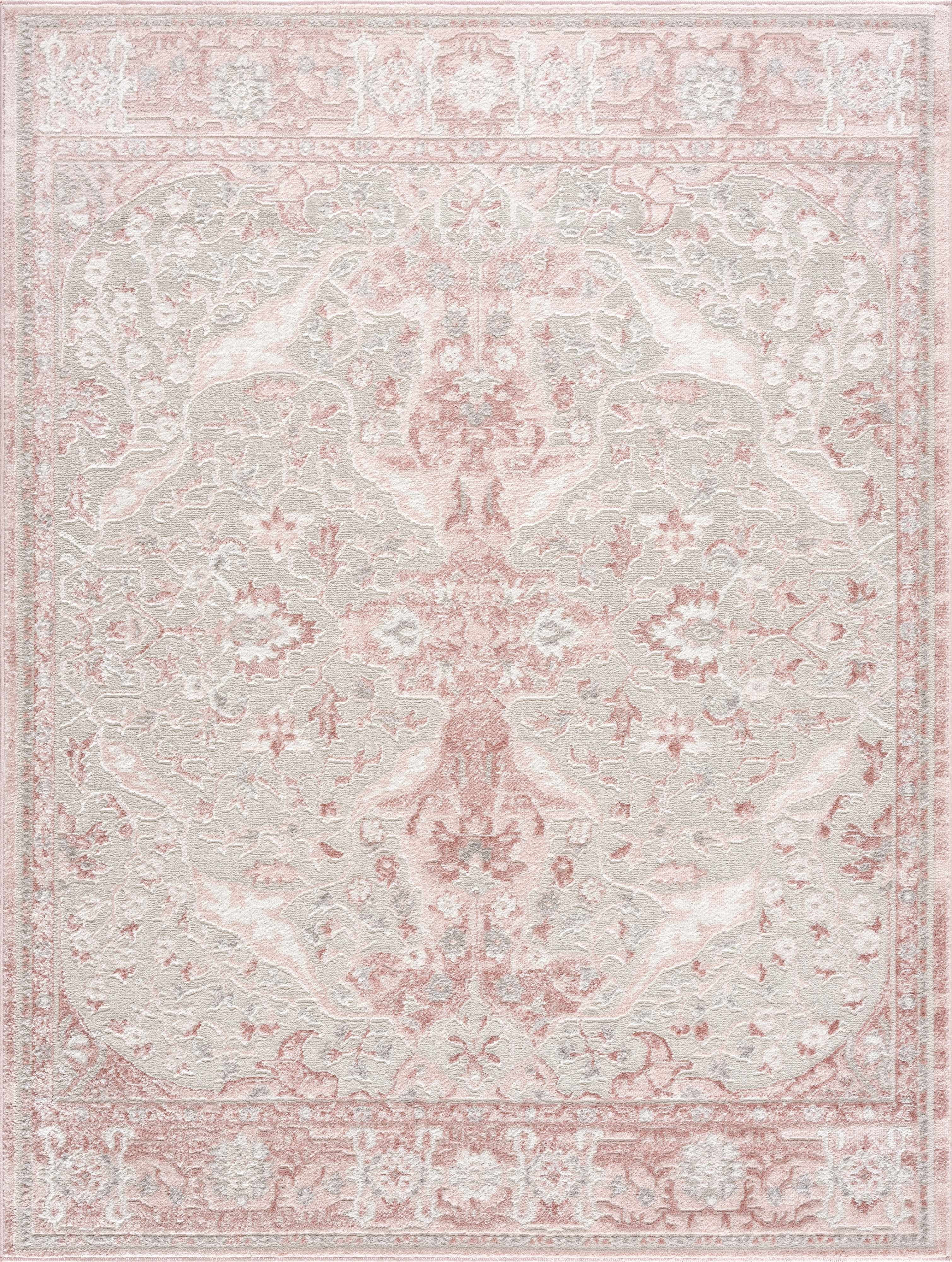 Hauteloom Zora Boho Vintage Floral Area Rug - Farmhouse Traditional Medallion Carpet for Living Room, Bedroom, Dining Room - High Pile - Pale Pink, Peach, Cream, Blush - 8'10" x 12' (9x12)