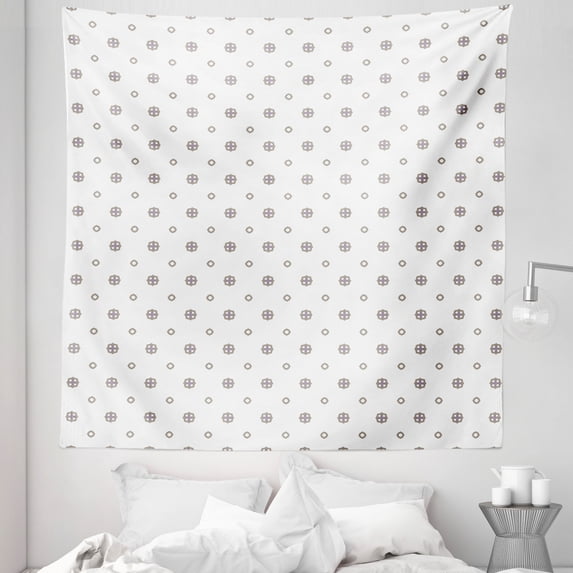 Minimalist Tapestry, Monochrome Style Illustration Small Circular Rhombuses and Squares, Fabric Wall Hanging Decor for Bedroom Living Room Dorm, 5 Sizes, Taupe Grey and White, by Ambesonne