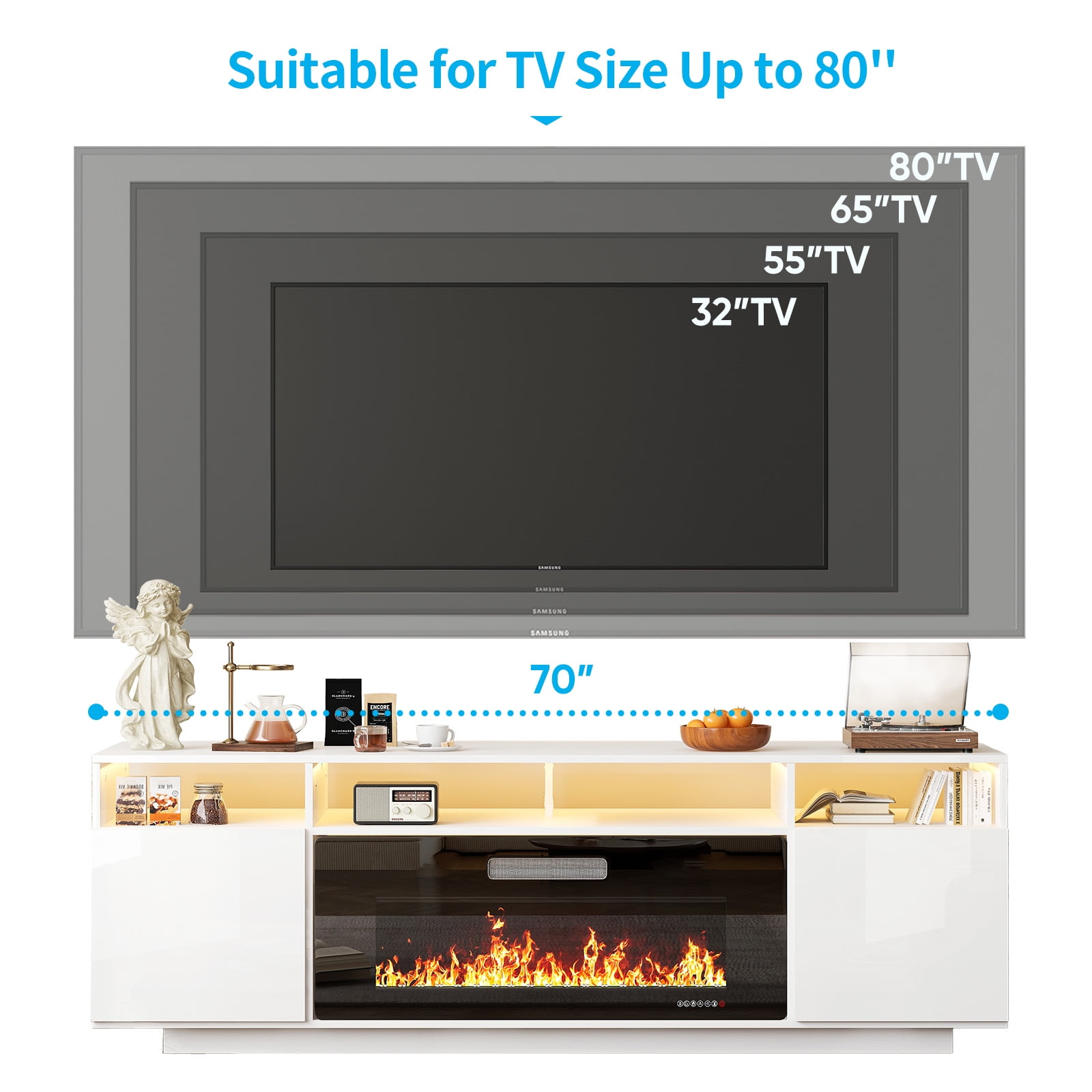 TABU 70" Fireplace TV Stand with 36" Fireplace,Entertainment center with Fireplace for TVs up to 80",White