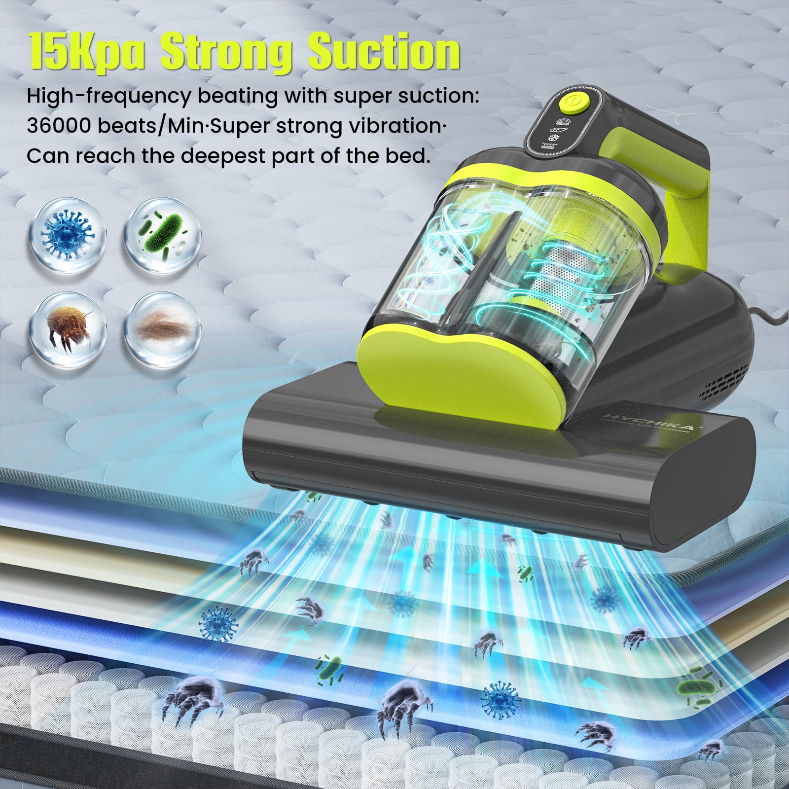 Mattress Vacuum Cleaner, 15Kpa Powerful Suction Bed Vacuum Cleaner with 273nm UV-C Lamp, 140°F Heating Function, Ultrasonic High Impact, with HEPA Filter
