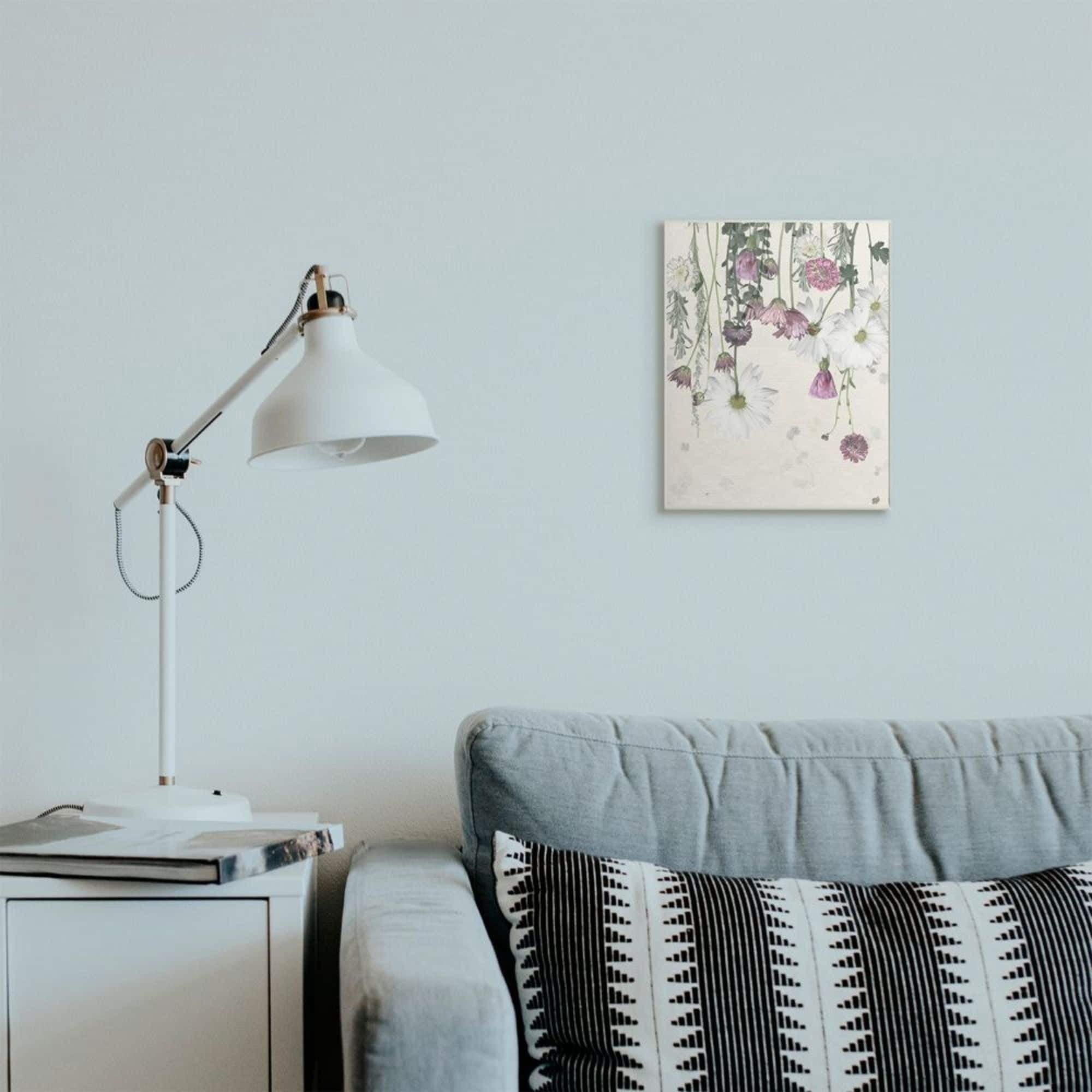 Stupell Industries Hanging White and Purple Flowers over Neutral Beige Design by Grace Popp