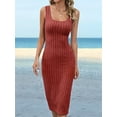 thumbnail image 6 of Womens Summer Tank Dress Casual Sleeveless Square Neck Bodycon Side Slit Midi Ribbed Sweater Dresses Orange & Red S, 6 of 9