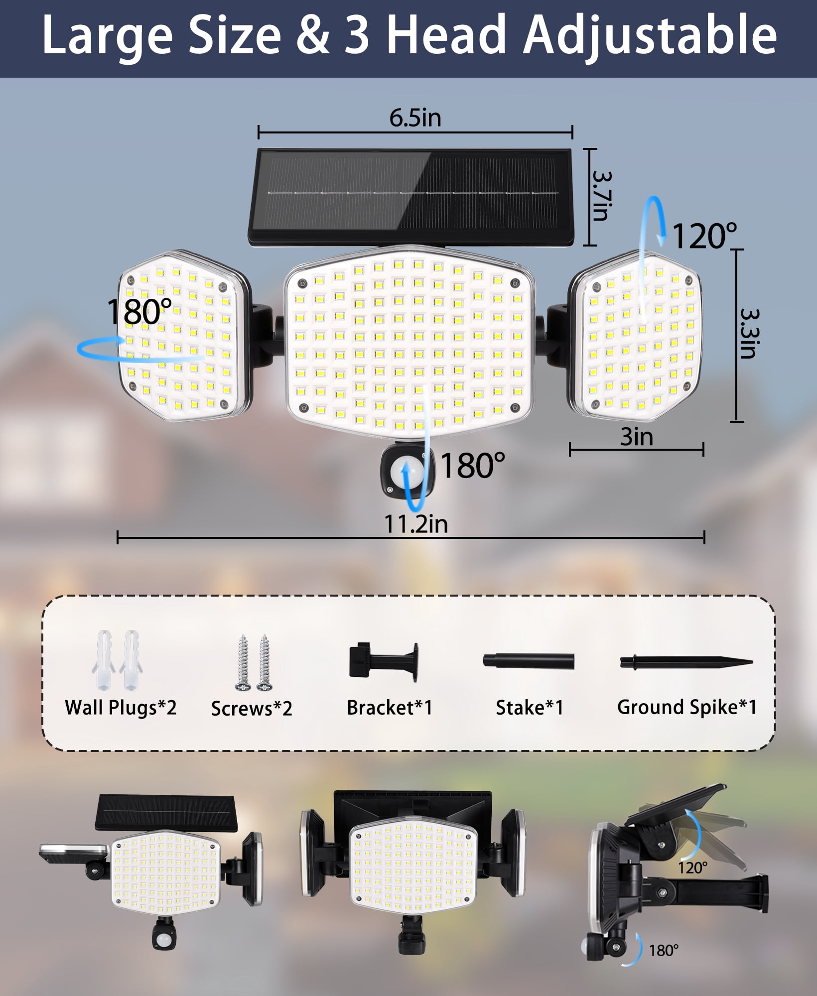 HAARAY Solar Motion Sensor Outdoor Lights 2500LM with Ground Stake, 3-Head Adjustable 208 LED Solar Wall Security Flood Light 270° Beam Angle for Outside Porch Yard Garage, IP65 Waterproof, 1 Pack
