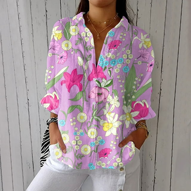 Soldes de Liquidation de Chemises pour Femmes Seductiva Offres du Jour Prime Chemise Rétro pour Femmes à Imprimé Floral Art Imprimé Art Chemise Décontractée à Col en V