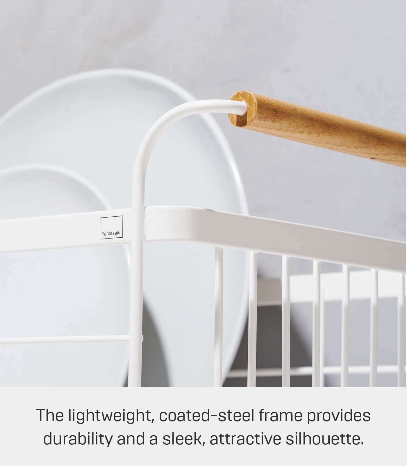 Yamazaki Home Dish Rack, Gray, Steel + Wood, Supports 22 pounds, Drainer Tray, Handles, Utensil Holder, Water Resistant, No Assembly